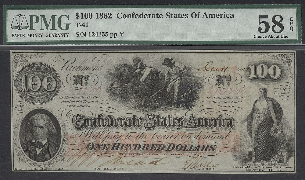 T-41, 1862 $100 Confederate States of America, #124255